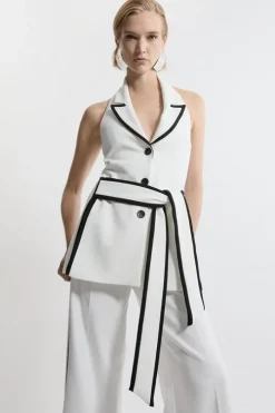 Compact Stretch Contrast Tipped Belted Wide Leg Tailored Jumpsuit