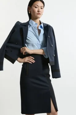 Compact Stretch Contrast Grosgrain Tailored Midi Skirt