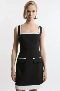 Compact Stretch Contrast Tipped Tailored Midi Dress