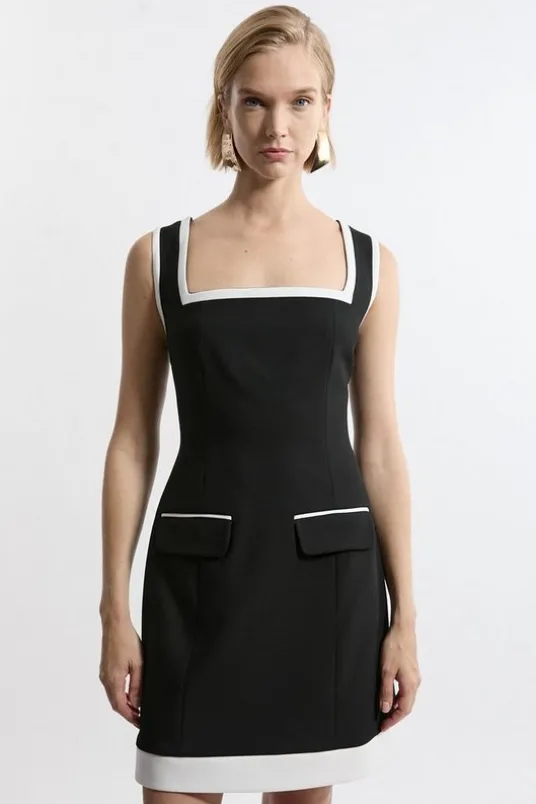 Compact Stretch Contrast Tipped Tailored Midi Dress