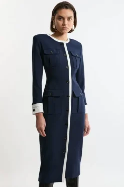 Compact Stretch Contrast Tipped Tailored Maxi Dress