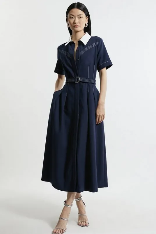 Compact Stretch Contrast Collar Full Skirted Midi Dress