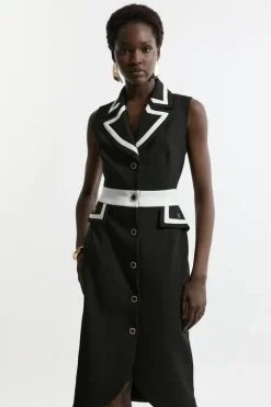 Compact Stretch Contrast Tipped Belted Tailored Midi Dress