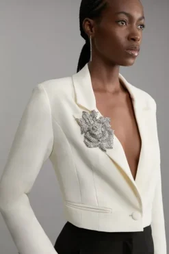 Compact Stretch Crystal Embellished Rosette Cropped Tailored Blazer