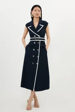 Compact Stretch Double Breasted Belted Tipped Tailored Midi Dress