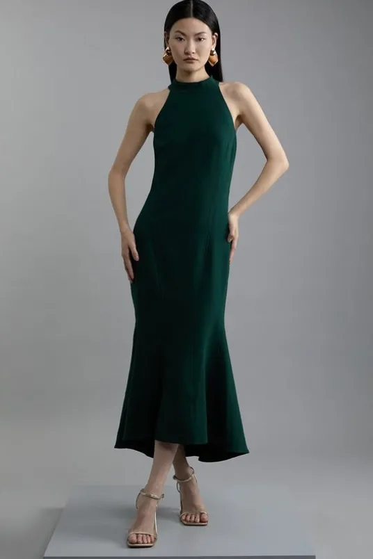 Compact Stretch Essential Tailored High Neck Dip Hem Midi Dress
