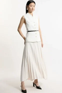 Compact Stretch Fluid Tailored Belted Pleated Full Skirt Midaxi Dress