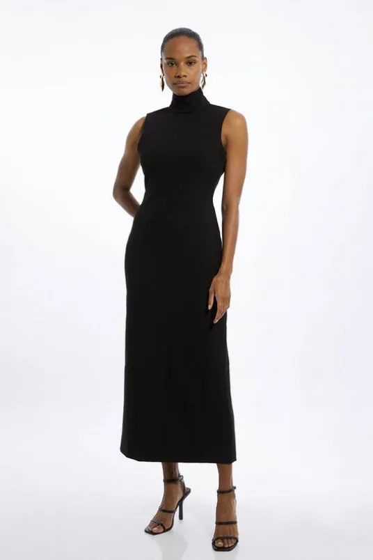 Compact Stretch High Neck Seamed Midi Dress
