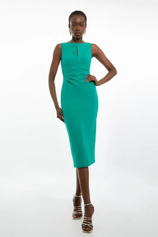 Compact Stretch Keyhole Neck Tailored Midi Dress