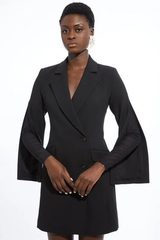 Compact Stretch Mesh Detailed Midi Blazer Dress