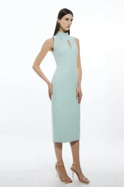 Compact Stretch Neck Tie Panelled Midi Dress