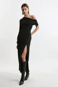 Compact Stretch Open Neck Tailored Midi Dress