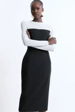 Compact Stretch Sheer Insert Tailored Midi Dress