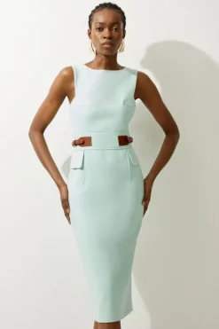 Compact Stretch Tab Waist Detail Tailored Midi Dress