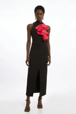 Compact Stretch Taffeta Asymmetric Ruffle Tailored Midi Dress