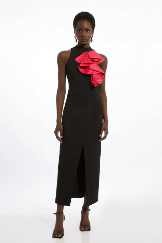 Compact Stretch Taffeta Asymmetric Ruffle Tailored Midi Dress