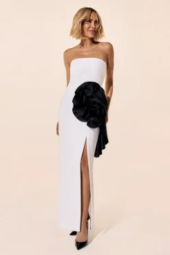 Compact Stretch Taffeta Rosette Midi Dress