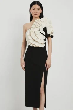 Compact Stretch Taffeta Ruffle One Shoulder Midi Dress