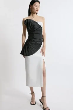 Compact Stretch Taffeta Ruffle Detail Strappy Tailored Midi Dress