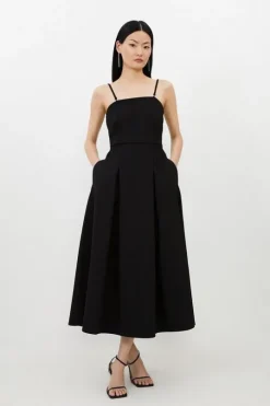 Compact Stretch Tailored Bandeau Full Skirted Midi Dress