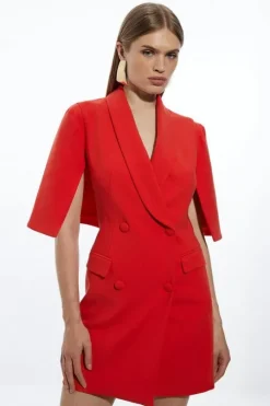 Compact Stretch Tailored Tuxedo Cape Sleeve Mini Blazer Dress