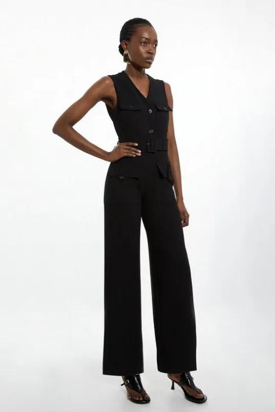 Compact Stretch Tailored Safari Belted Jumpsuit