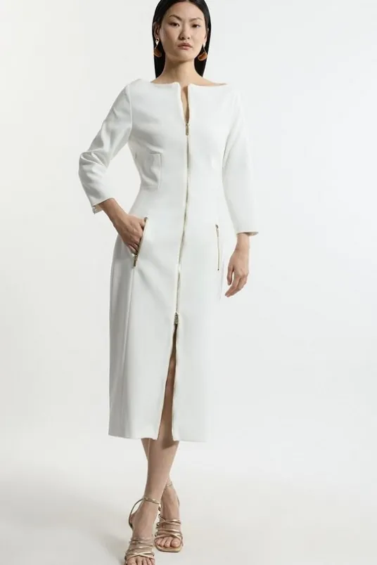 Compact Stretch Tailored Long Sleeve Zip Through Maxi Dress