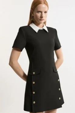 Compact Stretch Tailored Collared Button Detail Mini Dress