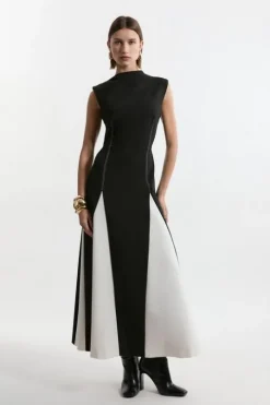 Compact Stretch Tailored Color Block Full Skirted Midi Dress
