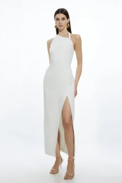 Compact Stretch Viscose Asymmetric Strap Tailored Midi Dress