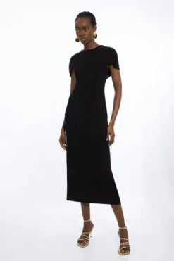 Compact Stretch Viscose Back Drape Tailored Midi Dress