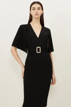 Compact Stretch Viscose Cape Pencil Midi Dress