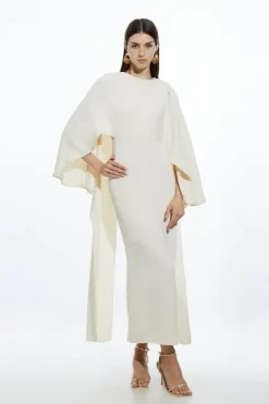 Compact Stretch Viscose Cape Detail Maxi Dress