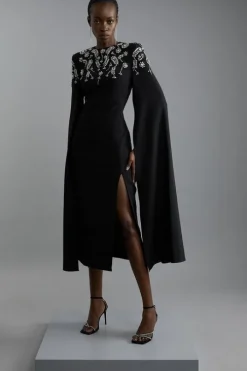 Compact Stretch Viscose Crystal Embellished Cape Maxi Dress