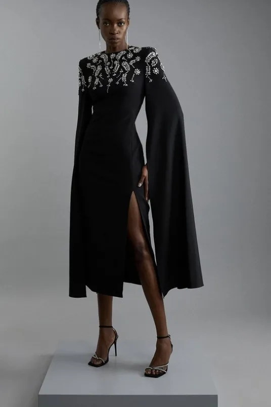 Compact Stretch Viscose Crystal Embellished Cape Maxi Dress