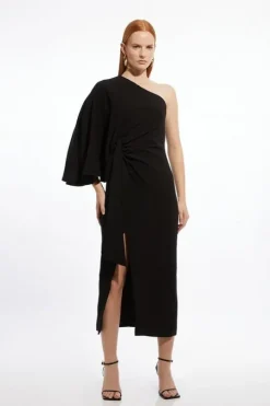Compact Stretch Viscose Drape Sleeve One Shoulder Tailored Maxi Dress