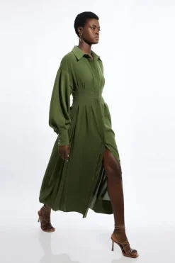 Compact Stretch Viscose Long Sleeve Woven Maxi Shirt Dress
