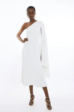 Compact Stretch Viscose One Shoulder Drape Full Skirt Dress