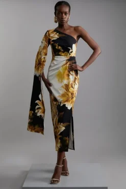 Compact Stretch Viscose Printed Photographic Floral One Shoulder Cape Maxi Dress