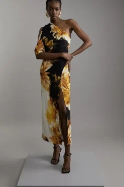 Compact Stretch Viscose Printed Photographic Floral One Shoulder Maxi Dress