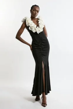 Compact Stretch Viscose Rosette Tailored Maxi Dress