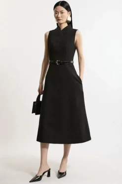 Compact Stretch Wrap Neck Tailored Midi Dress