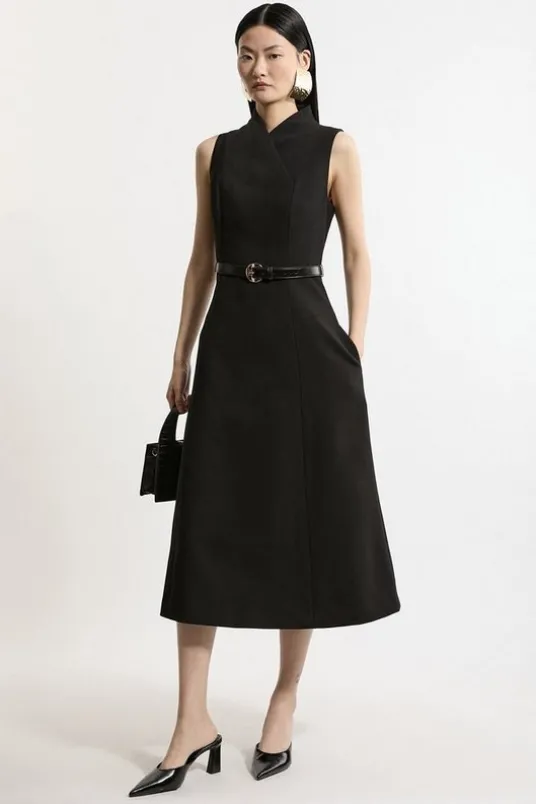 Compact Stretch Wrap Neck Tailored Midi Dress