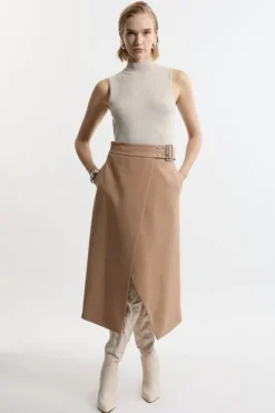 Compact Stretch Wrap Over Belted Tailored Maxi Skirt