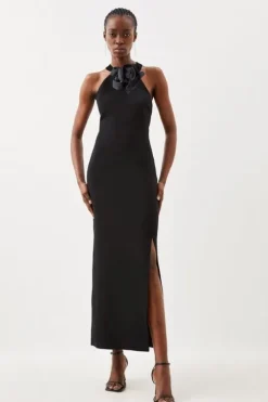 Compact Viscose Small Corsage Detail Tailored Halterneck Midaxi Dress