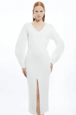 Compact Wool Look V Neck Round Sleeve Knit Midi Dress