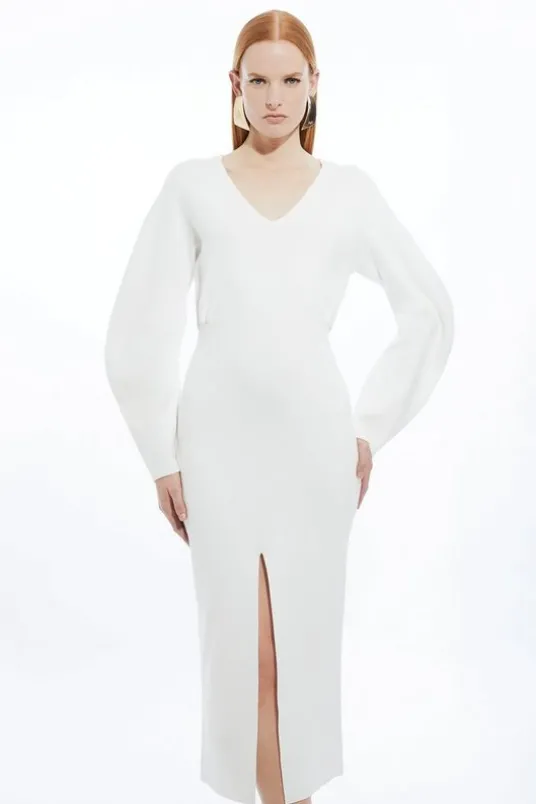 Compact Wool Look V Neck Round Sleeve Knit Midi Dress