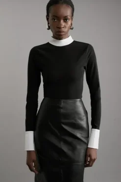 Contrast Collar Jersey Power Mesh Bodysuit