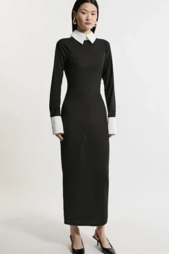 Contrast Collar Jersey Power Mesh Midi Dress