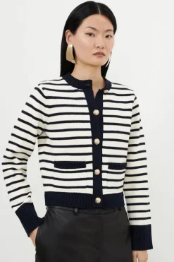 Cotton Cropped Knit Boxy Striped Cardigan